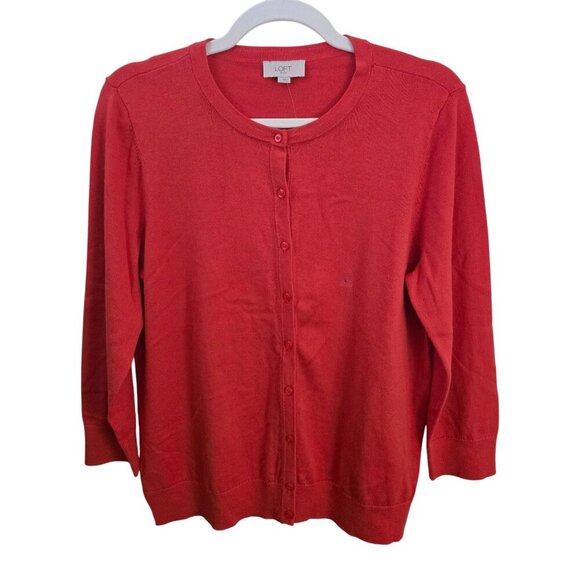 Loft NWT Tomato Red 3/4 Sleeve Crewneck Cotton Cardigan Sweater Size L - Picture 1 of 5
